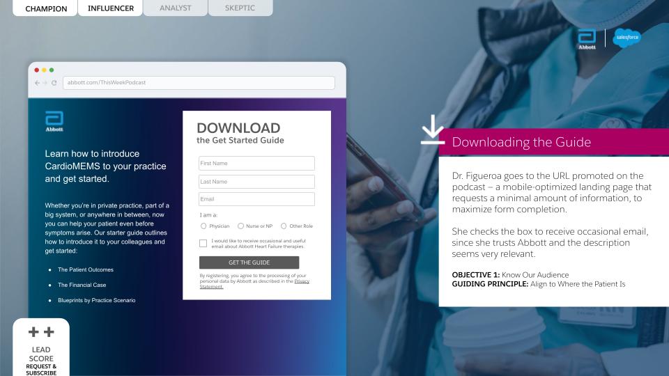 Downloading the Guide landing page — a short form to download the Get Started Guide with an optional opt-in for occasional Abbott emails. Objective: know our audience.