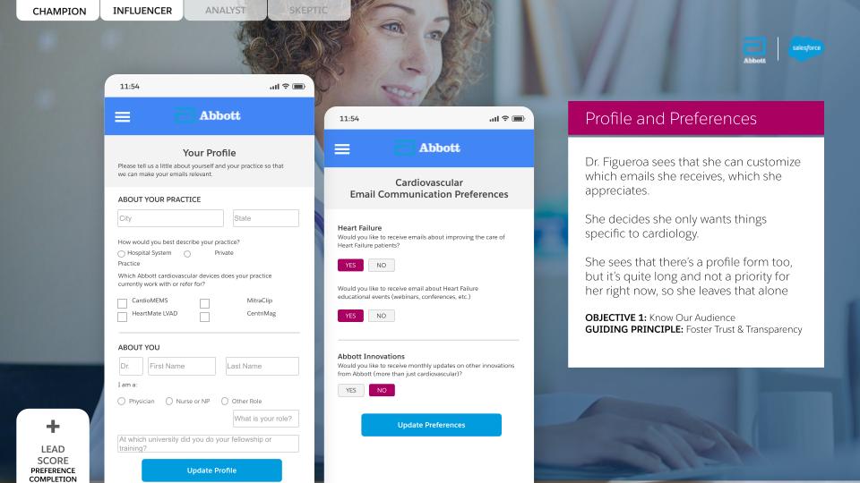 Profile and Preferences — Dr. Figueroa customizes which emails she receives, opting in to Heart Failure topics only. Objective: know our audience.