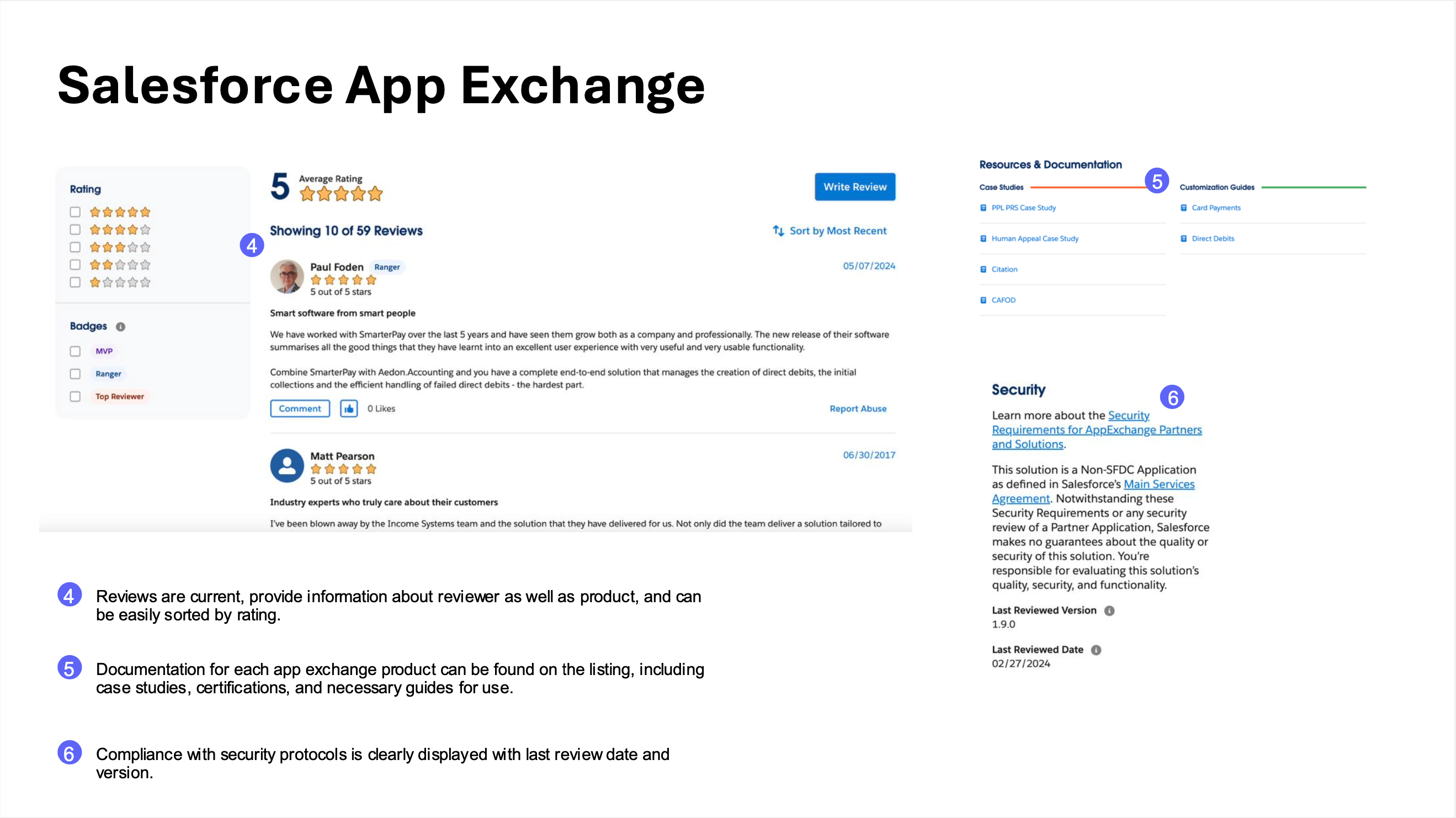 Salesforce AppExchange tear-down, page 2. Reviews are current and provide reviewer information; documentation for each AppExchange product is on the listing including case studies, certifications, and use guides; security compliance is clearly displayed with last review date and version.