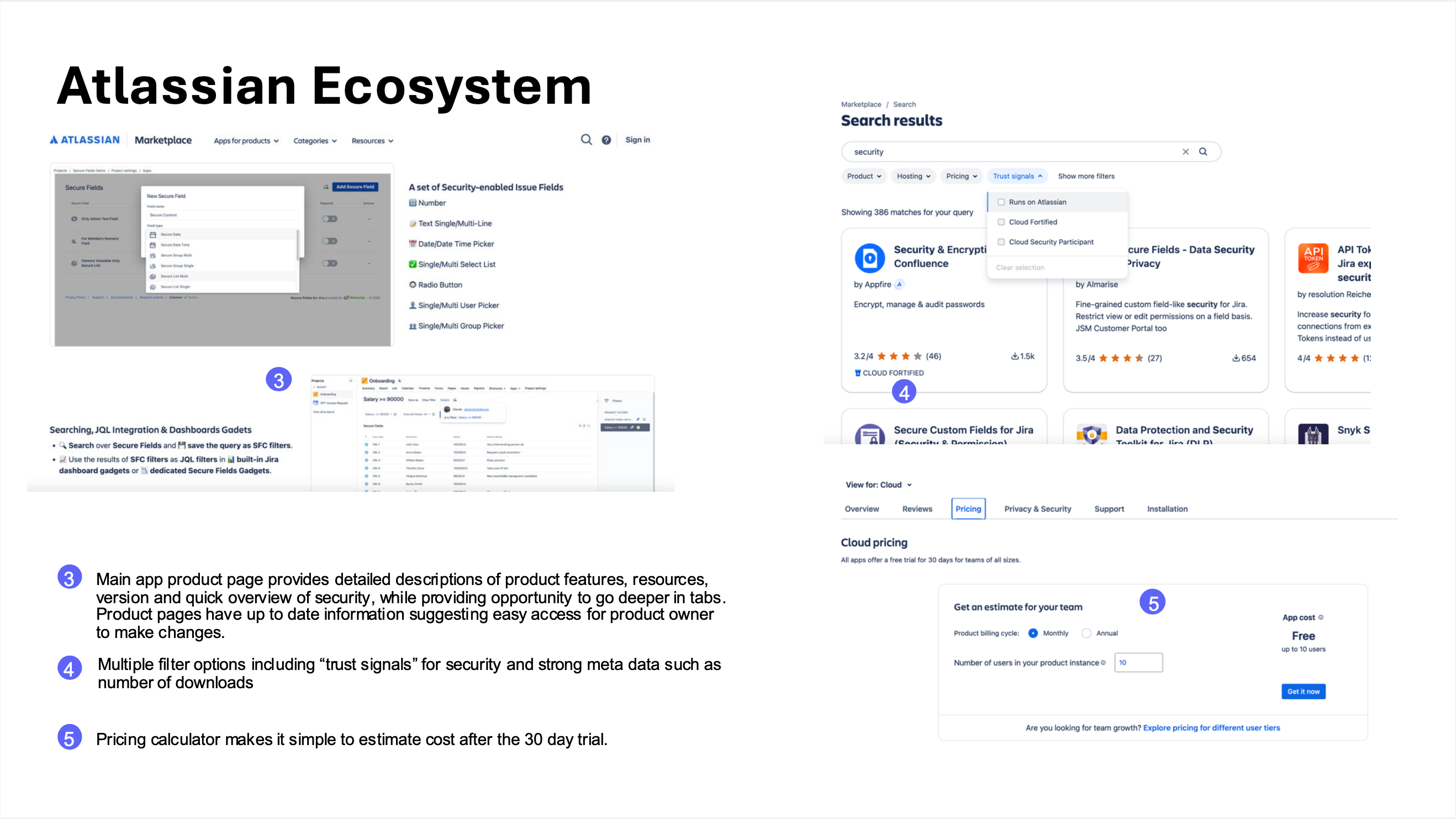 Atlassian Ecosystem tear-down, page 2. Main app product page provides detailed descriptions of features, resources, version, and a quick overview of security with deep-dive tabs; multiple filter options including 'trust signals' for security and strong meta-data such as number of downloads; pricing calculator makes it simple to estimate cost after the 30-day trial.