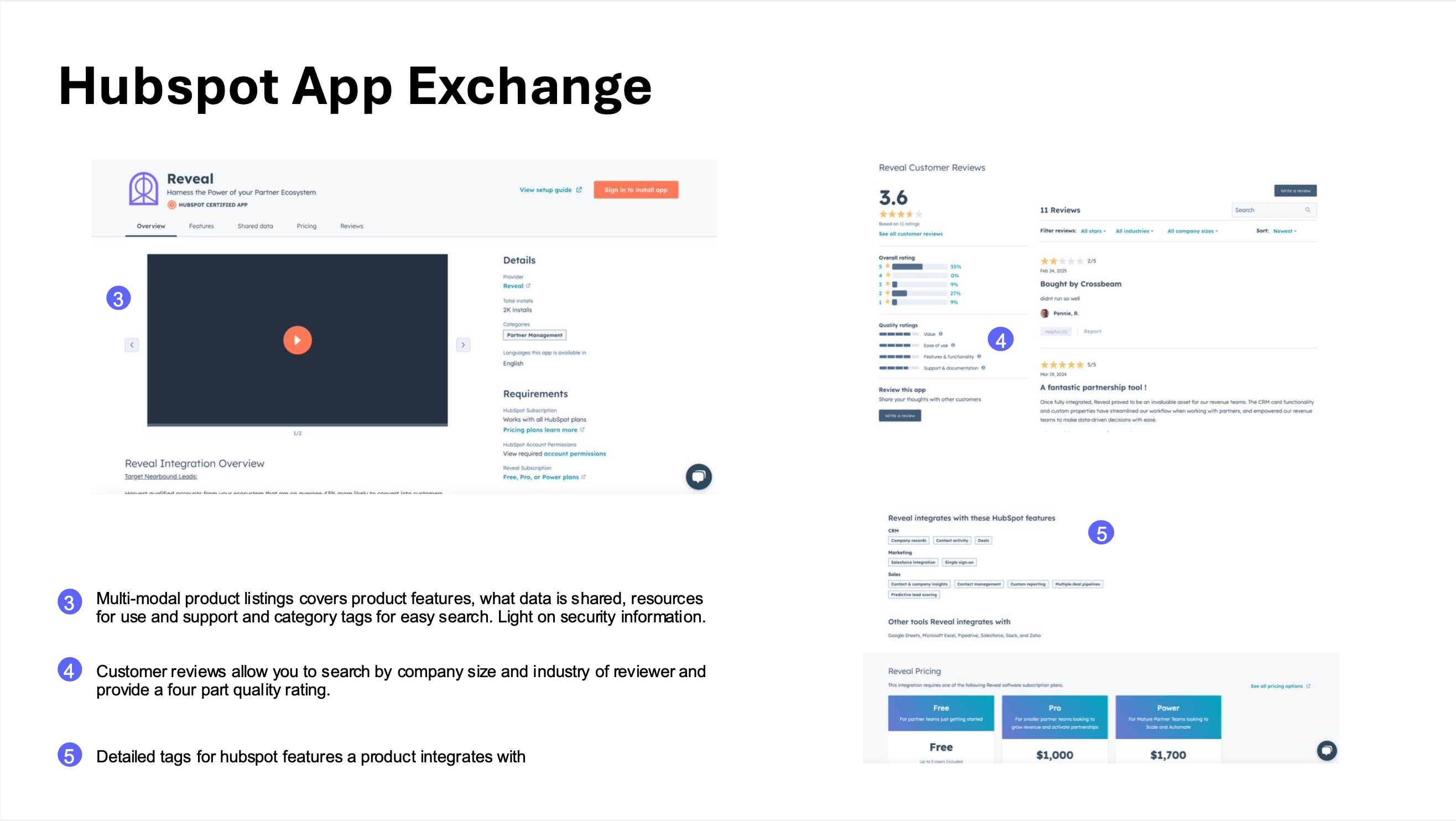 HubSpot App Exchange tear-down, page 2. Multi-modal product listings cover product features, what data is shared, resources for use and support, and category tags for easy search (light on security info); customer reviews allow search by company size and industry of reviewer and provide a four-part quality rating; detailed tags for HubSpot features the product integrates with.