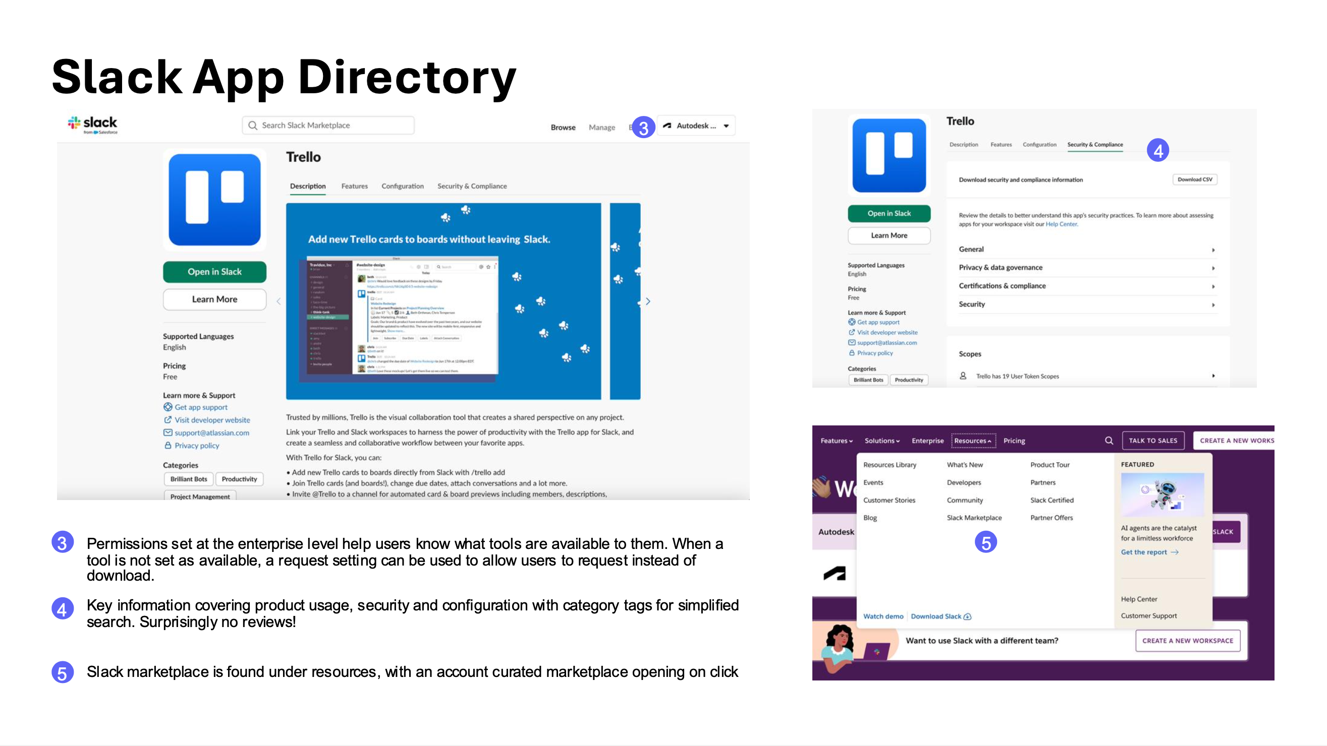 Slack App Directory tear-down, page 2. Permissions set at the enterprise level help users know what tools are available; when a tool is not set as available, a request setting allows users to request instead of download. Listings cover product usage, security, and configuration with category tags — surprisingly with no reviews. The Slack marketplace is found under Resources, with an account-curated marketplace opening on click.