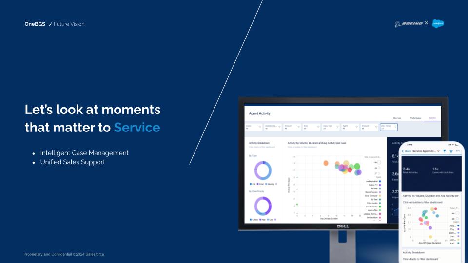OneBGS · Future Vision section divider for Service. 'Let's look at moments that matter to Service' with two focus areas: Intelligent Case Management and Unified Sales Support. Background shows an Agent Activity dashboard with case-volume bubble chart, by-type/by-priority breakdowns, and a Service Agent mobile activity view.