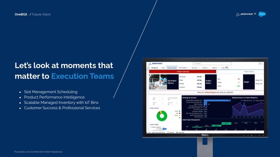 OneBGS · Future Vision section divider for Execution Teams. 'Let's look at moments that matter to Execution Teams' with four focus areas: Slot Management Scheduling, Product Performance Intelligence, Scalable Managed Inventory with IoT Bins, Customer Success & Professional Services. Background shows a Boeing Project Summary dashboard with bookings/billed/value/invoiced metrics, project status by account, billing summary vs project margin chart, daily project management Gantt.
