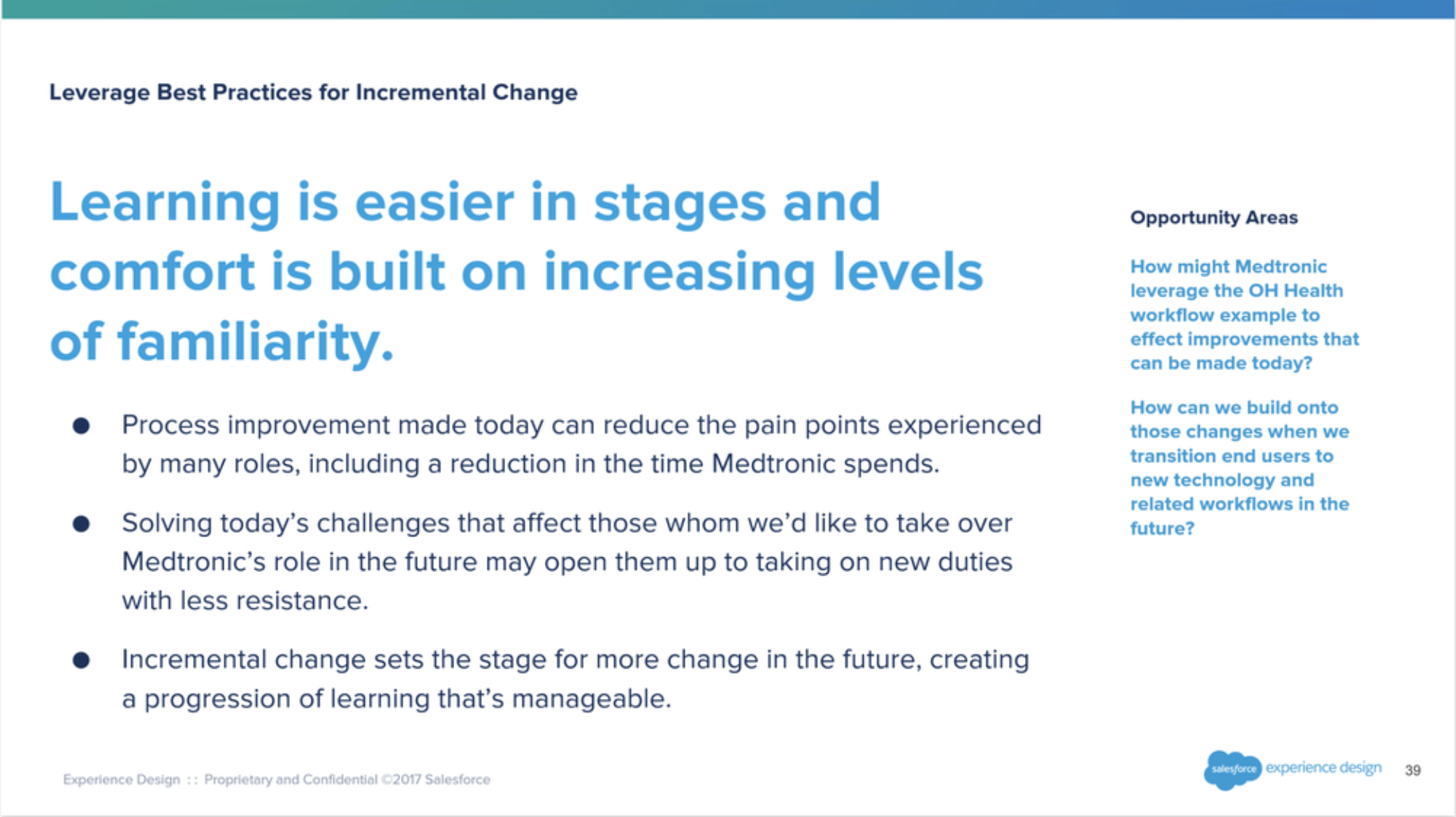Leverage Best Practices for Incremental Change. Headline: 'Learning is easier in stages and comfort is built on increasing levels of familiarity.' Bullets: process improvement today reduces pain across roles; solving today's challenges opens end users to taking on Medtronic's role; incremental change sets the stage for more change. Opportunity areas: how to leverage the OH Health workflow today and build onto it as users transition to new tech and workflows.